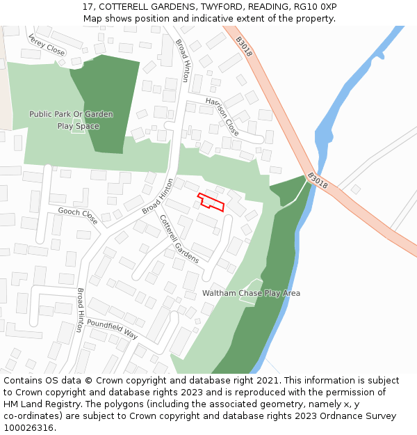 17, COTTERELL GARDENS, TWYFORD, READING, RG10 0XP: Location map and indicative extent of plot