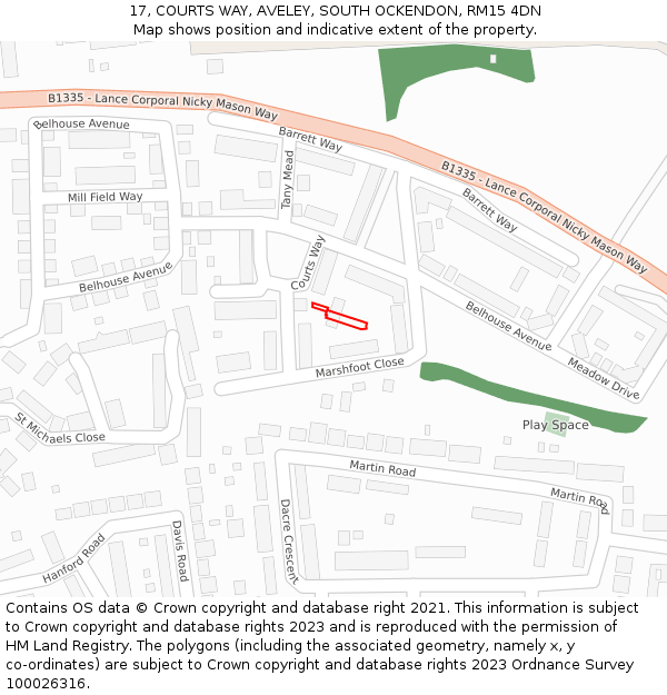 17, COURTS WAY, AVELEY, SOUTH OCKENDON, RM15 4DN: Location map and indicative extent of plot