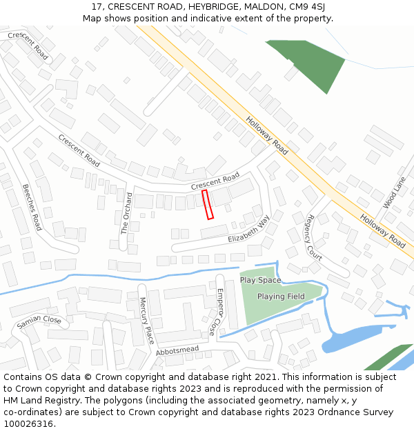 17, CRESCENT ROAD, HEYBRIDGE, MALDON, CM9 4SJ: Location map and indicative extent of plot