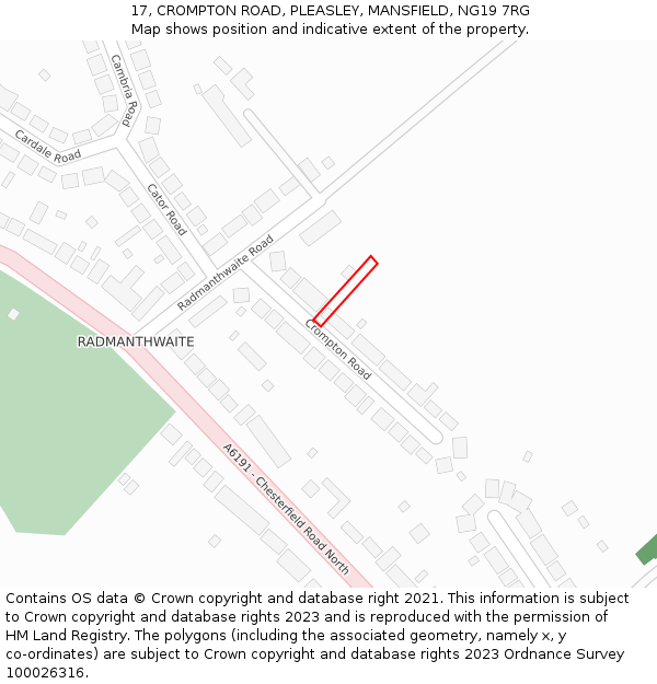17, CROMPTON ROAD, PLEASLEY, MANSFIELD, NG19 7RG: Location map and indicative extent of plot