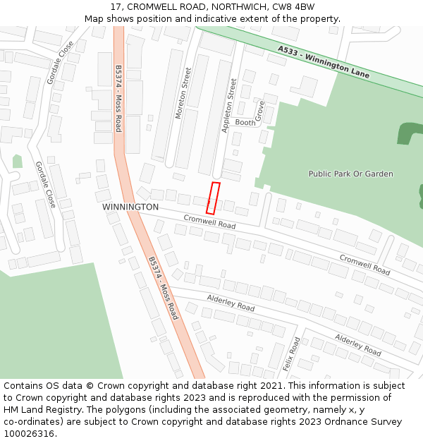 17, CROMWELL ROAD, NORTHWICH, CW8 4BW: Location map and indicative extent of plot