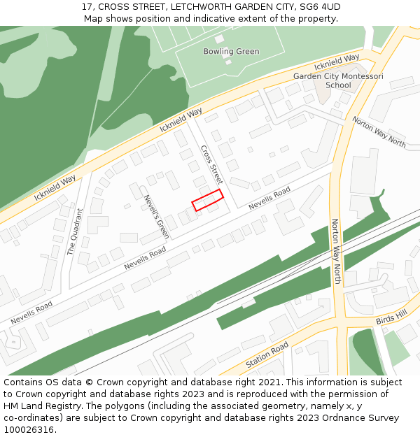 17, CROSS STREET, LETCHWORTH GARDEN CITY, SG6 4UD: Location map and indicative extent of plot