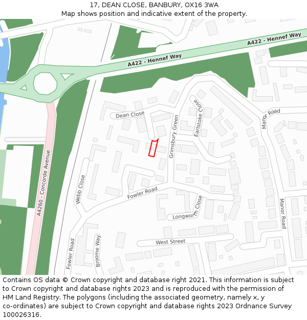17, DEAN CLOSE, BANBURY, OX16 3WA: Location map and indicative extent of plot