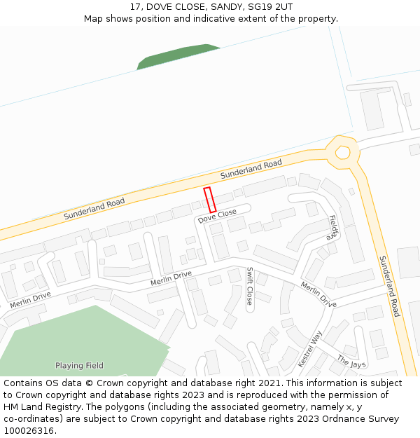 17, DOVE CLOSE, SANDY, SG19 2UT: Location map and indicative extent of plot