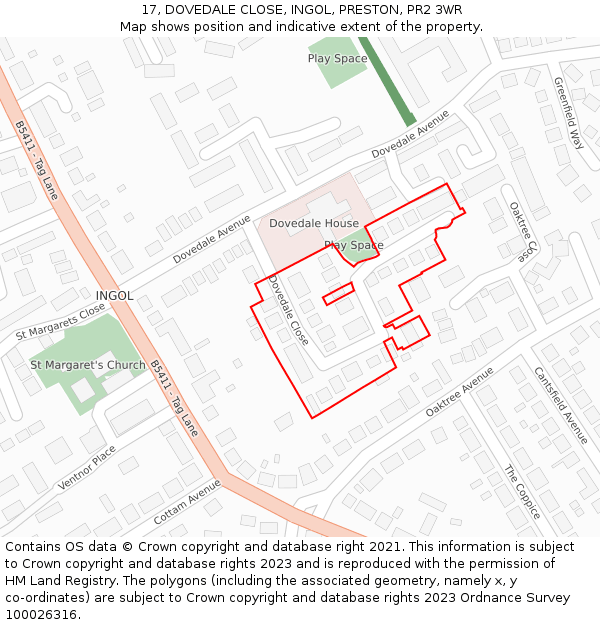 17, DOVEDALE CLOSE, INGOL, PRESTON, PR2 3WR: Location map and indicative extent of plot