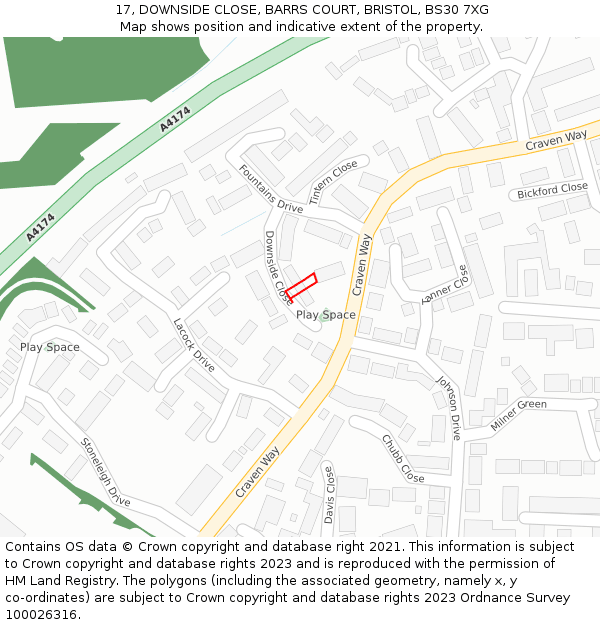 17, DOWNSIDE CLOSE, BARRS COURT, BRISTOL, BS30 7XG: Location map and indicative extent of plot