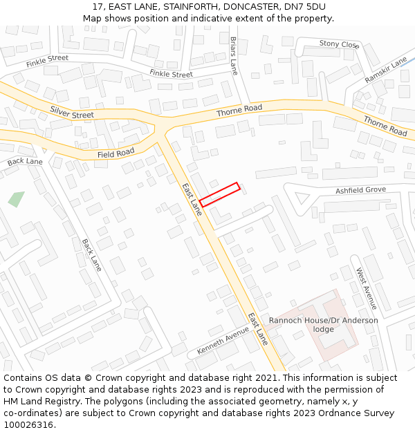17, EAST LANE, STAINFORTH, DONCASTER, DN7 5DU: Location map and indicative extent of plot