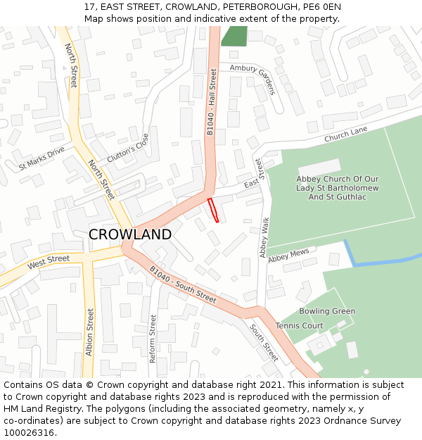 17, EAST STREET, CROWLAND, PETERBOROUGH, PE6 0EN: Location map and indicative extent of plot