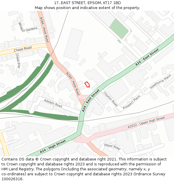 17, EAST STREET, EPSOM, KT17 1BD: Location map and indicative extent of plot
