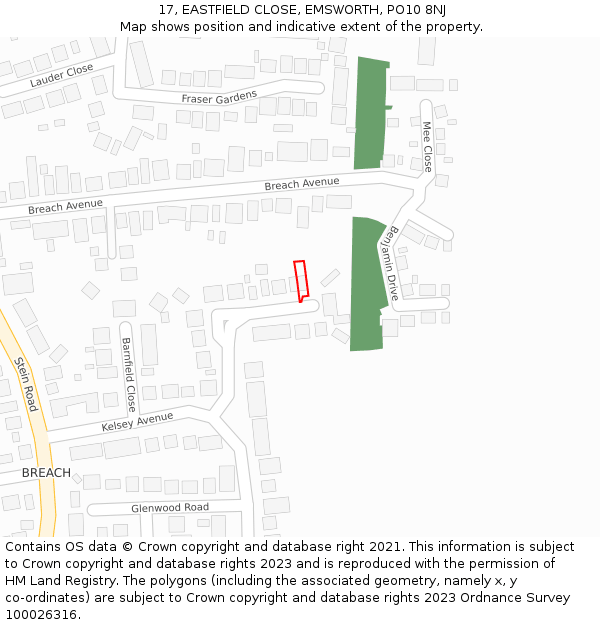 17, EASTFIELD CLOSE, EMSWORTH, PO10 8NJ: Location map and indicative extent of plot