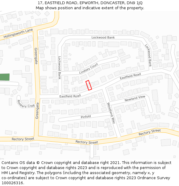 17, EASTFIELD ROAD, EPWORTH, DONCASTER, DN9 1JQ: Location map and indicative extent of plot