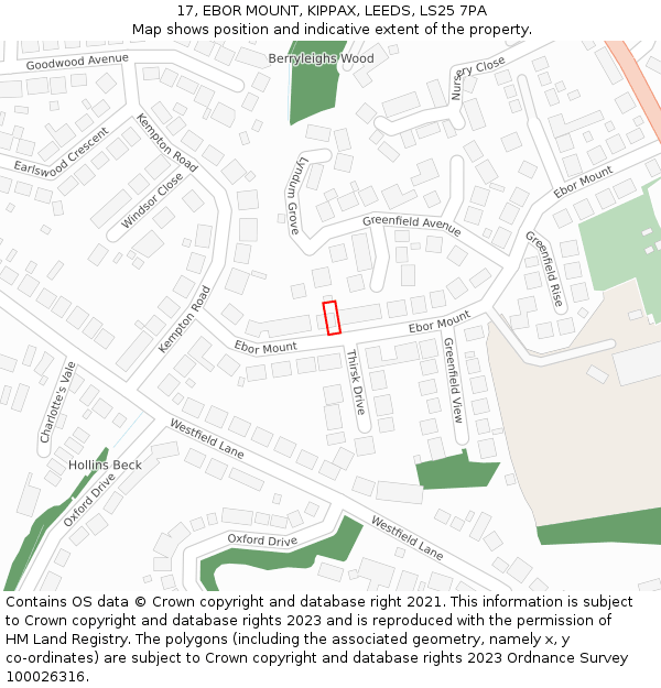 17, EBOR MOUNT, KIPPAX, LEEDS, LS25 7PA: Location map and indicative extent of plot