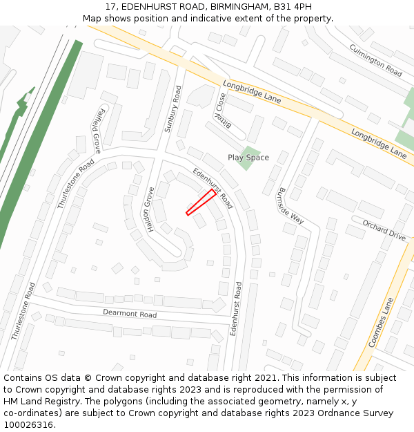 17, EDENHURST ROAD, BIRMINGHAM, B31 4PH: Location map and indicative extent of plot