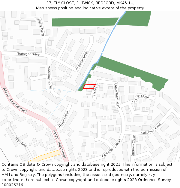 17, ELY CLOSE, FLITWICK, BEDFORD, MK45 1UJ: Location map and indicative extent of plot