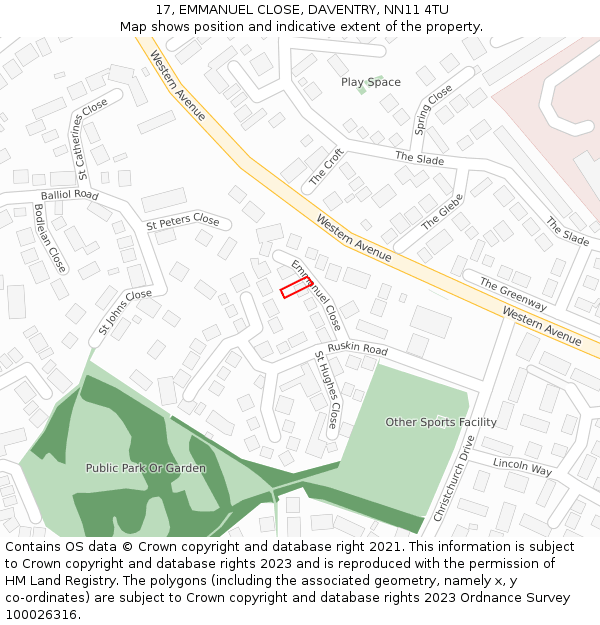 17, EMMANUEL CLOSE, DAVENTRY, NN11 4TU: Location map and indicative extent of plot