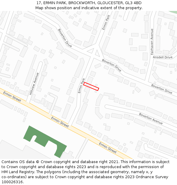17, ERMIN PARK, BROCKWORTH, GLOUCESTER, GL3 4BD: Location map and indicative extent of plot