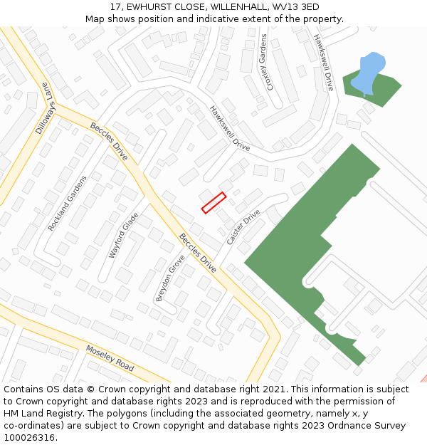 17, EWHURST CLOSE, WILLENHALL, WV13 3ED: Location map and indicative extent of plot