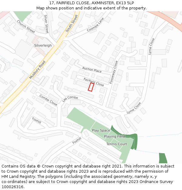 17, FAIRFIELD CLOSE, AXMINSTER, EX13 5LP: Location map and indicative extent of plot