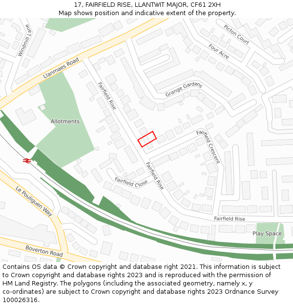 17, FAIRFIELD RISE, LLANTWIT MAJOR, CF61 2XH: Location map and indicative extent of plot