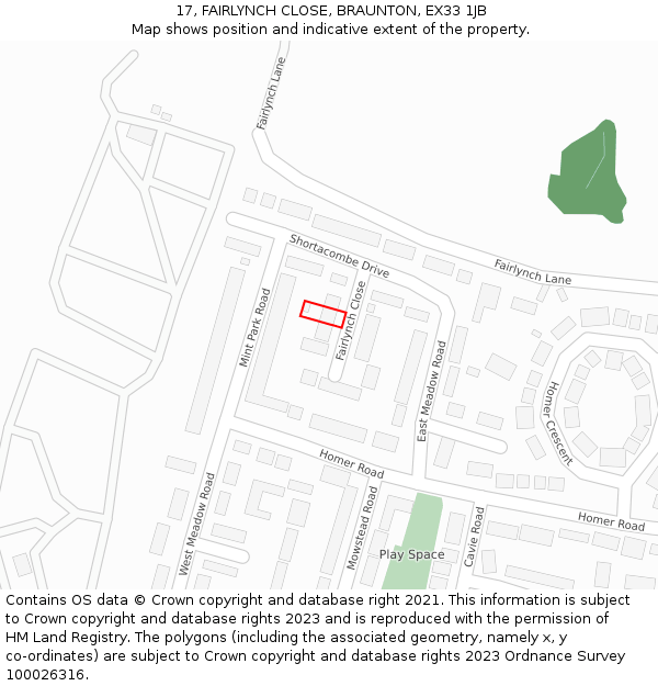 17, FAIRLYNCH CLOSE, BRAUNTON, EX33 1JB: Location map and indicative extent of plot