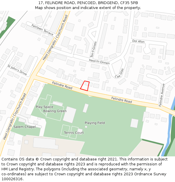 17, FELINDRE ROAD, PENCOED, BRIDGEND, CF35 5PB: Location map and indicative extent of plot