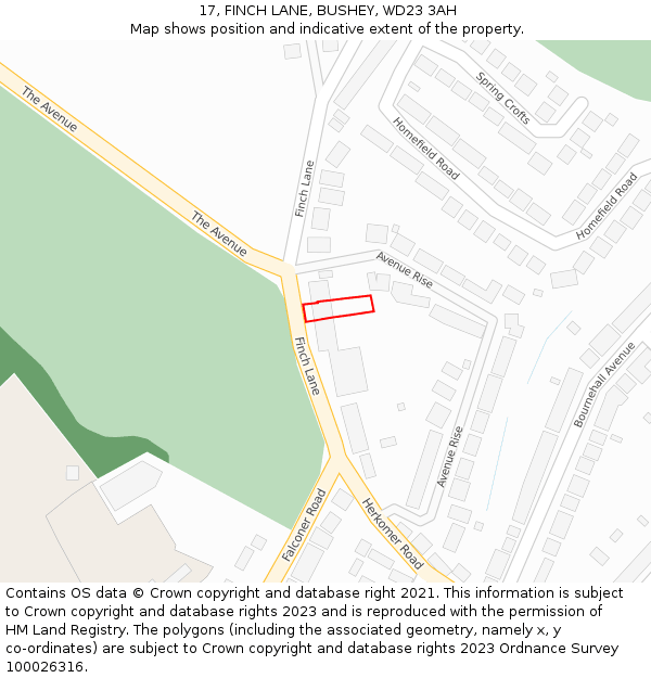 17, FINCH LANE, BUSHEY, WD23 3AH: Location map and indicative extent of plot