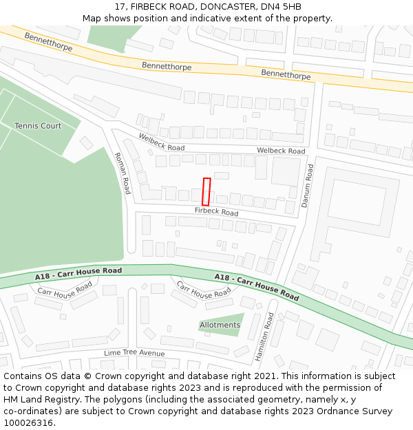 17, FIRBECK ROAD, DONCASTER, DN4 5HB: Location map and indicative extent of plot