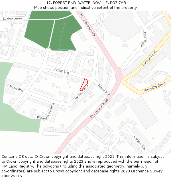 17, FOREST END, WATERLOOVILLE, PO7 7AB: Location map and indicative extent of plot