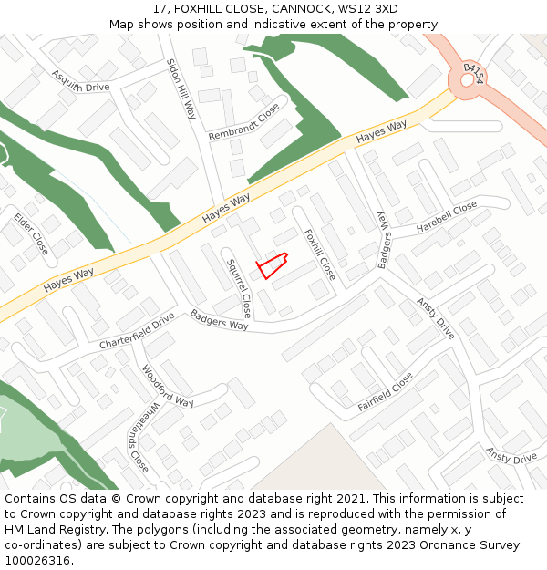 17, FOXHILL CLOSE, CANNOCK, WS12 3XD: Location map and indicative extent of plot