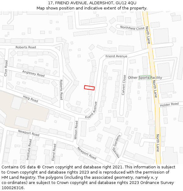17, FRIEND AVENUE, ALDERSHOT, GU12 4QU: Location map and indicative extent of plot