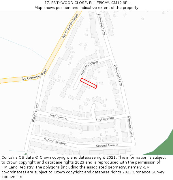 17, FRITHWOOD CLOSE, BILLERICAY, CM12 9PL: Location map and indicative extent of plot