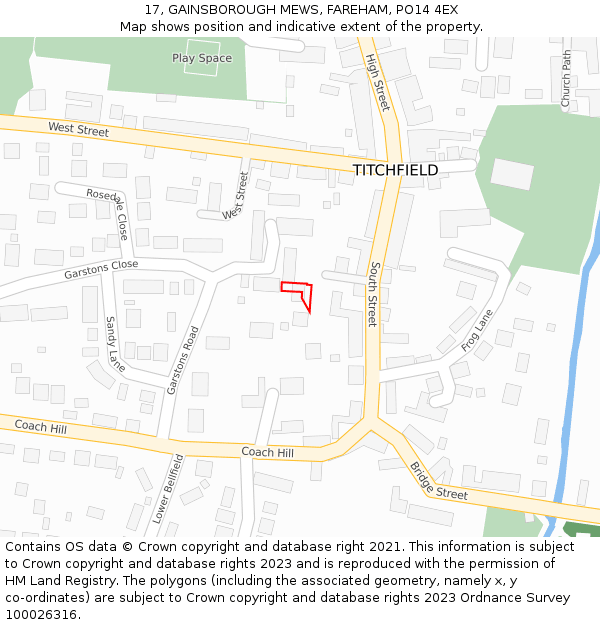 17, GAINSBOROUGH MEWS, FAREHAM, PO14 4EX: Location map and indicative extent of plot