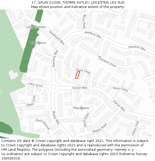 17, GAVIN CLOSE, THORPE ASTLEY, LEICESTER, LE3 3UG: Location map and indicative extent of plot