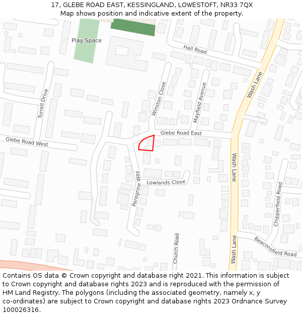 17, GLEBE ROAD EAST, KESSINGLAND, LOWESTOFT, NR33 7QX: Location map and indicative extent of plot