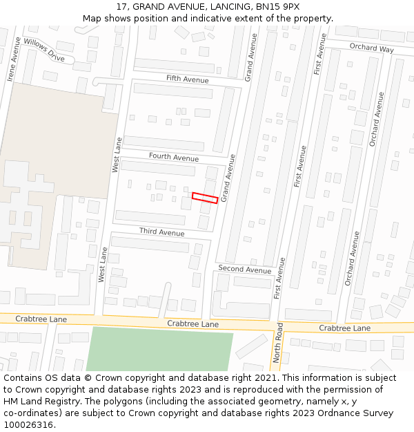 17, GRAND AVENUE, LANCING, BN15 9PX: Location map and indicative extent of plot