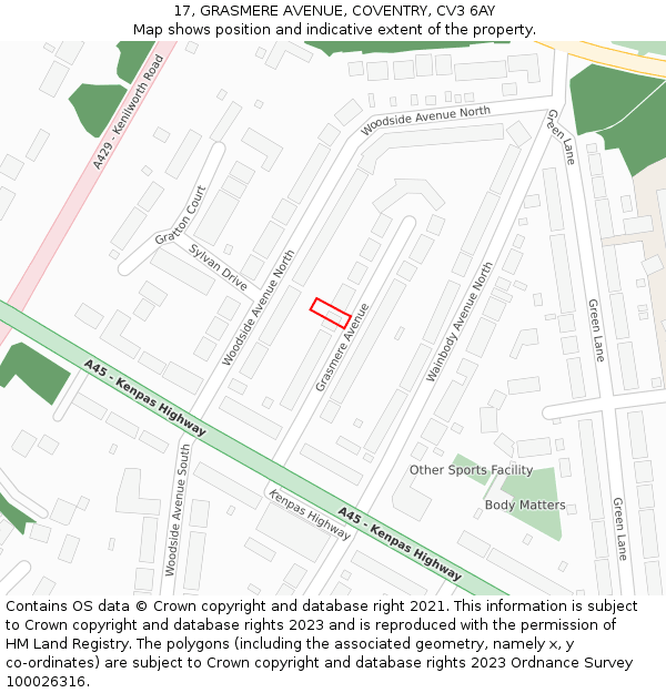 17, GRASMERE AVENUE, COVENTRY, CV3 6AY: Location map and indicative extent of plot