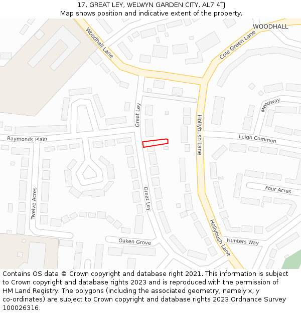 17, GREAT LEY, WELWYN GARDEN CITY, AL7 4TJ: Location map and indicative extent of plot