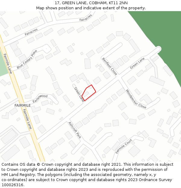 17, GREEN LANE, COBHAM, KT11 2NN: Location map and indicative extent of plot