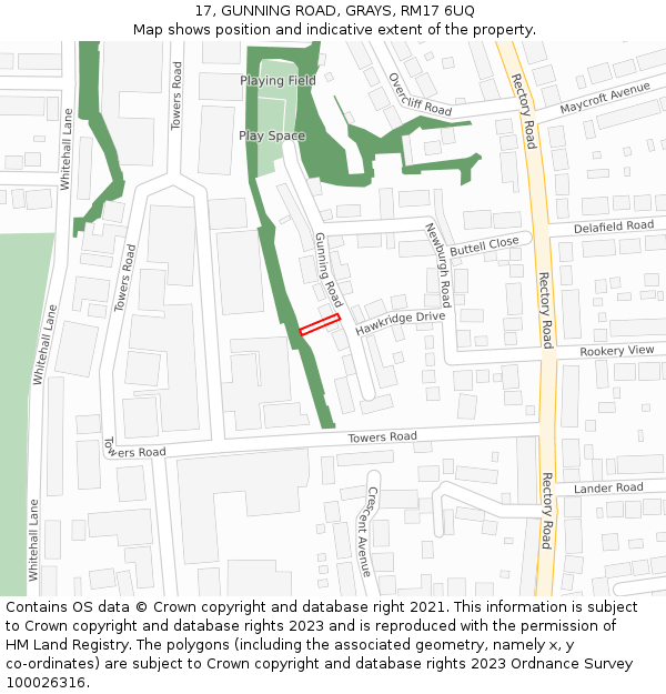 17, GUNNING ROAD, GRAYS, RM17 6UQ: Location map and indicative extent of plot