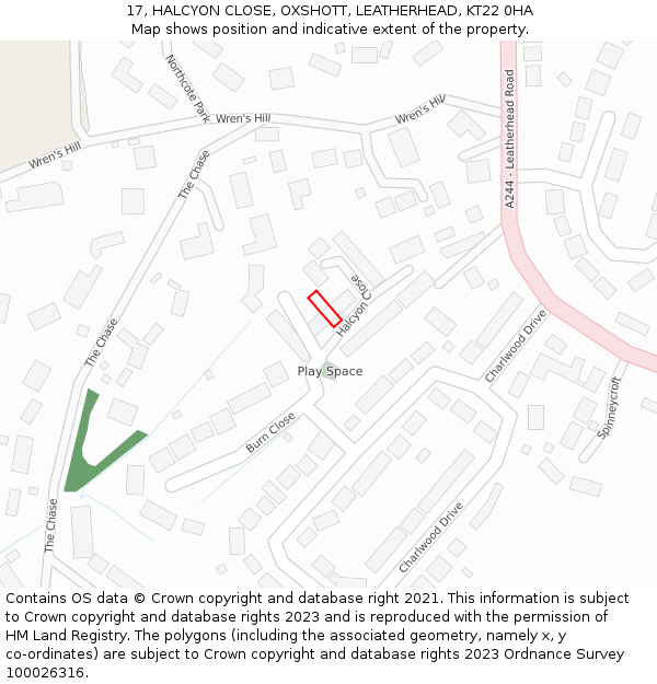 17, HALCYON CLOSE, OXSHOTT, LEATHERHEAD, KT22 0HA: Location map and indicative extent of plot