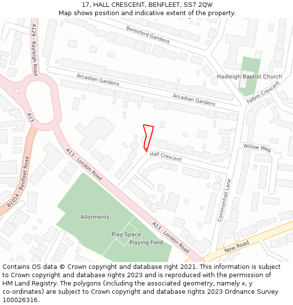 17, HALL CRESCENT, BENFLEET, SS7 2QW: Location map and indicative extent of plot