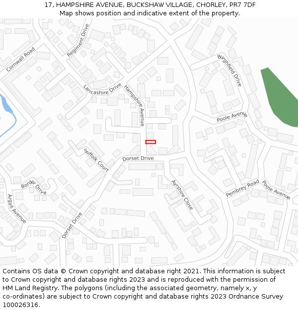 17, HAMPSHIRE AVENUE, BUCKSHAW VILLAGE, CHORLEY, PR7 7DF: Location map and indicative extent of plot