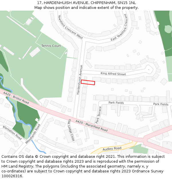 17, HARDENHUISH AVENUE, CHIPPENHAM, SN15 1NL: Location map and indicative extent of plot