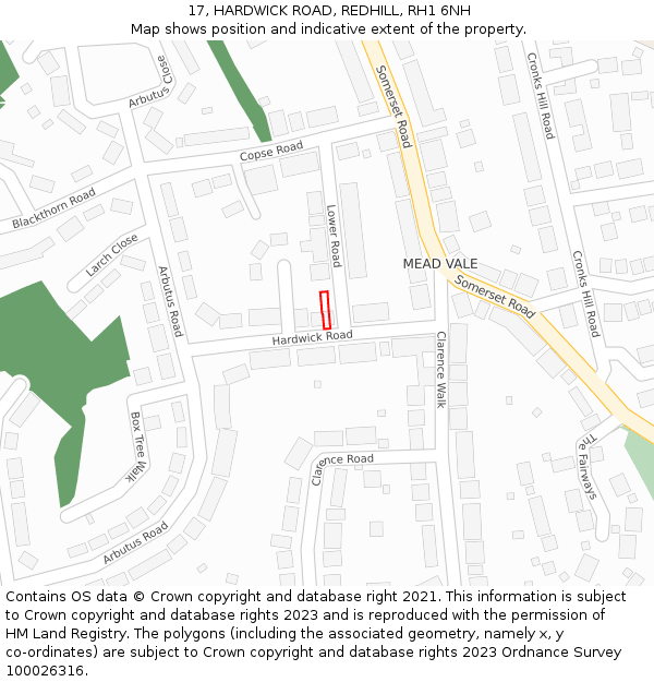 17, HARDWICK ROAD, REDHILL, RH1 6NH: Location map and indicative extent of plot