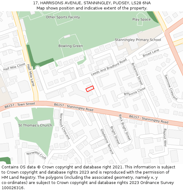17, HARRISONS AVENUE, STANNINGLEY, PUDSEY, LS28 6NA: Location map and indicative extent of plot