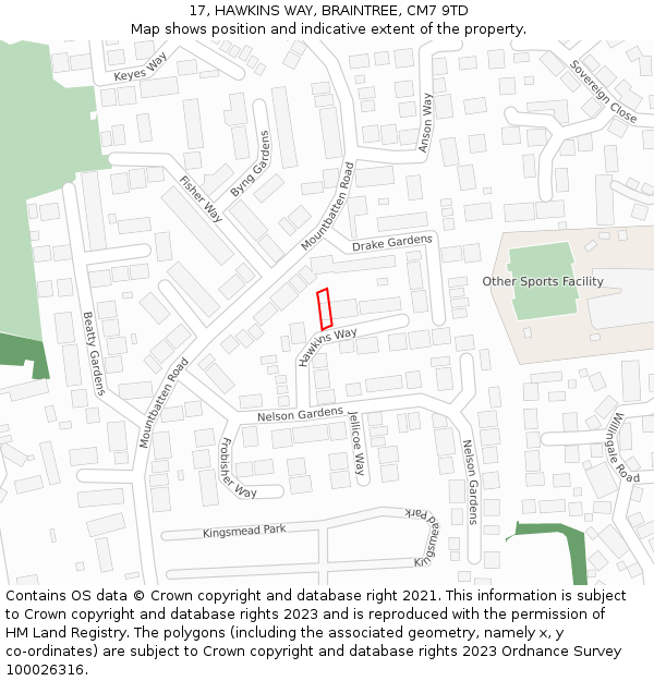 17, HAWKINS WAY, BRAINTREE, CM7 9TD: Location map and indicative extent of plot
