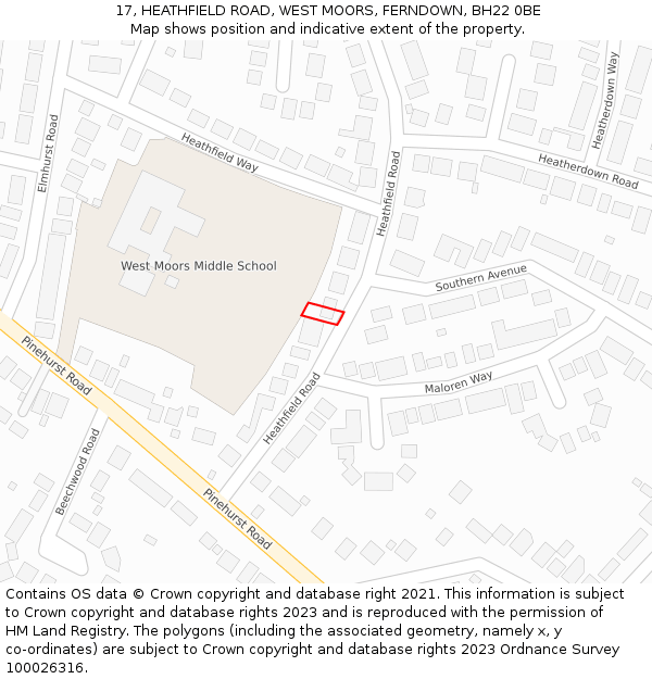 17, HEATHFIELD ROAD, WEST MOORS, FERNDOWN, BH22 0BE: Location map and indicative extent of plot