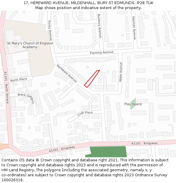 17, HEREWARD AVENUE, MILDENHALL, BURY ST EDMUNDS, IP28 7LW: Location map and indicative extent of plot