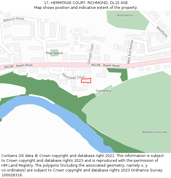 17, HERMITAGE COURT, RICHMOND, DL10 4GE: Location map and indicative extent of plot