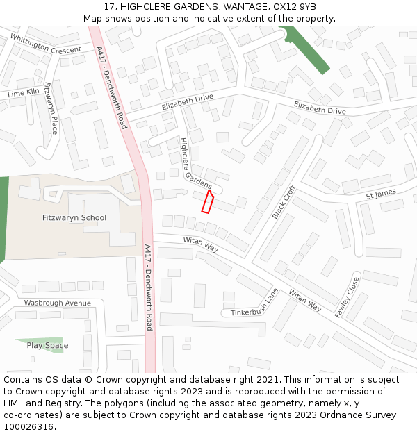 17, HIGHCLERE GARDENS, WANTAGE, OX12 9YB: Location map and indicative extent of plot
